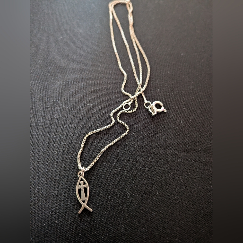 19.5" Sterling Silver Ichthus Cross Charm Necklace